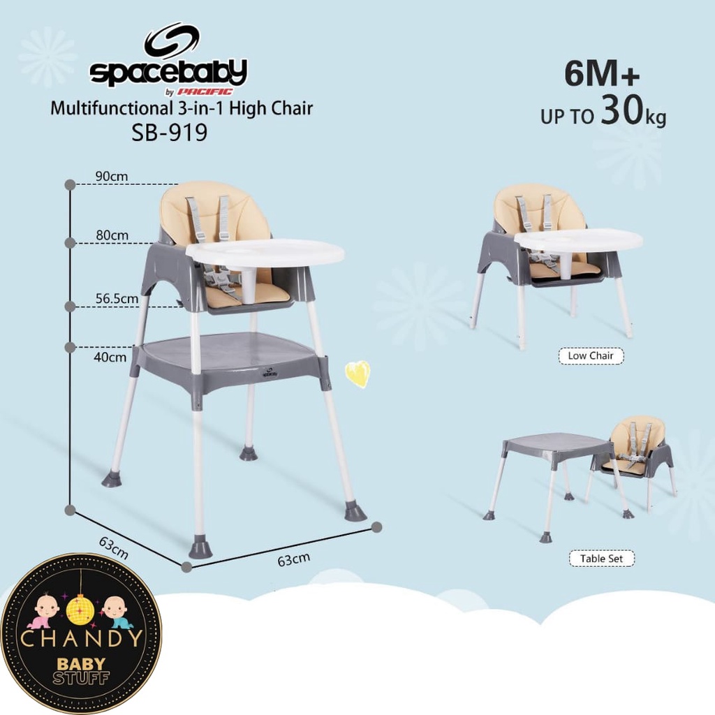 MEJA KURSI MAKAN ANAK MULTIFUNCTIONAL 3IN1 HIGH CHAIR, BOOSTER SEAT &amp; TABLE SPACE BABY SB 919