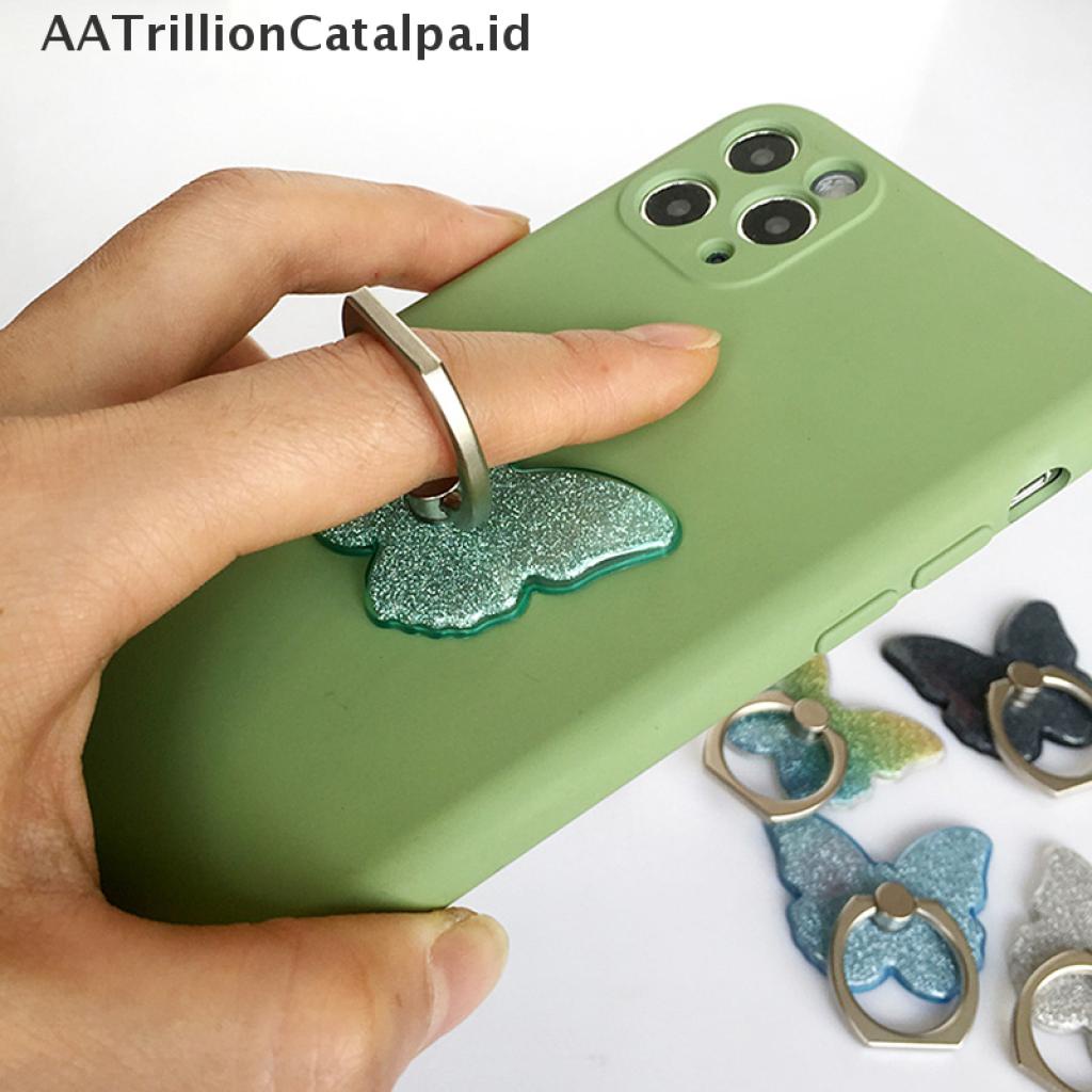 (AATrillionCatalpa) Ring Stand holder Hp Universal Bentuk Kupu-Kupu Aksen Glitter Bisa Berputar 360 °