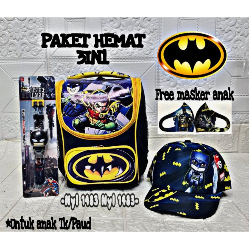 Paket murah 3in1 ransel anak untuk TK/PAUD + Jam anak dan topi anak