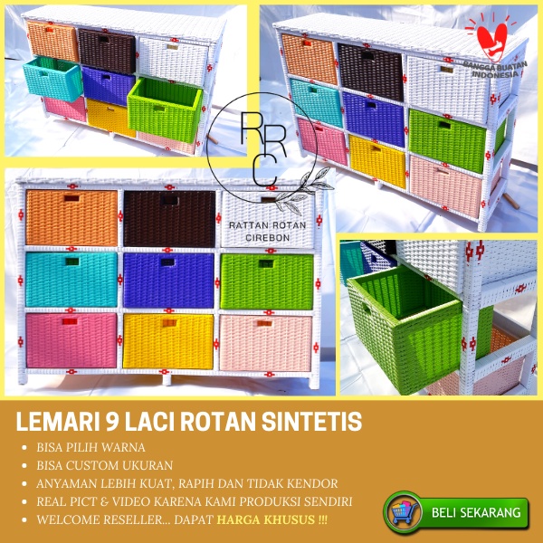 Lemari Laci Rak Rotan Sintetis Kabinet Plastik 9 Laci