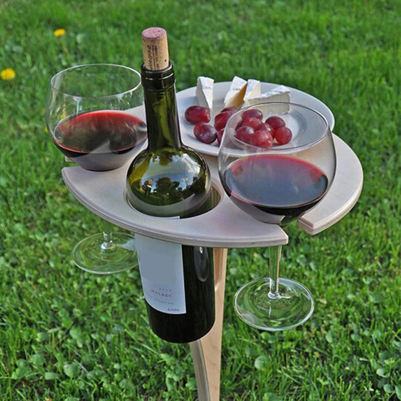 Meja Mini Outdoor Taman Slot Gelas Botol Piring Foldable Picnic Wine Table - KT007 - Wooden