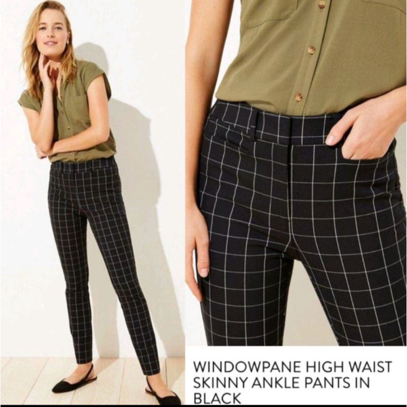 Loft Windowpane Highwaist Skinny Ankle Pants in Black