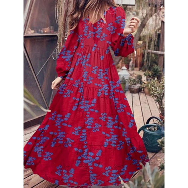 ZANZEA Gaun Maxi wanita import elegan motif bunga print V neck lengan panjang Size S-5XL/Dress wanit