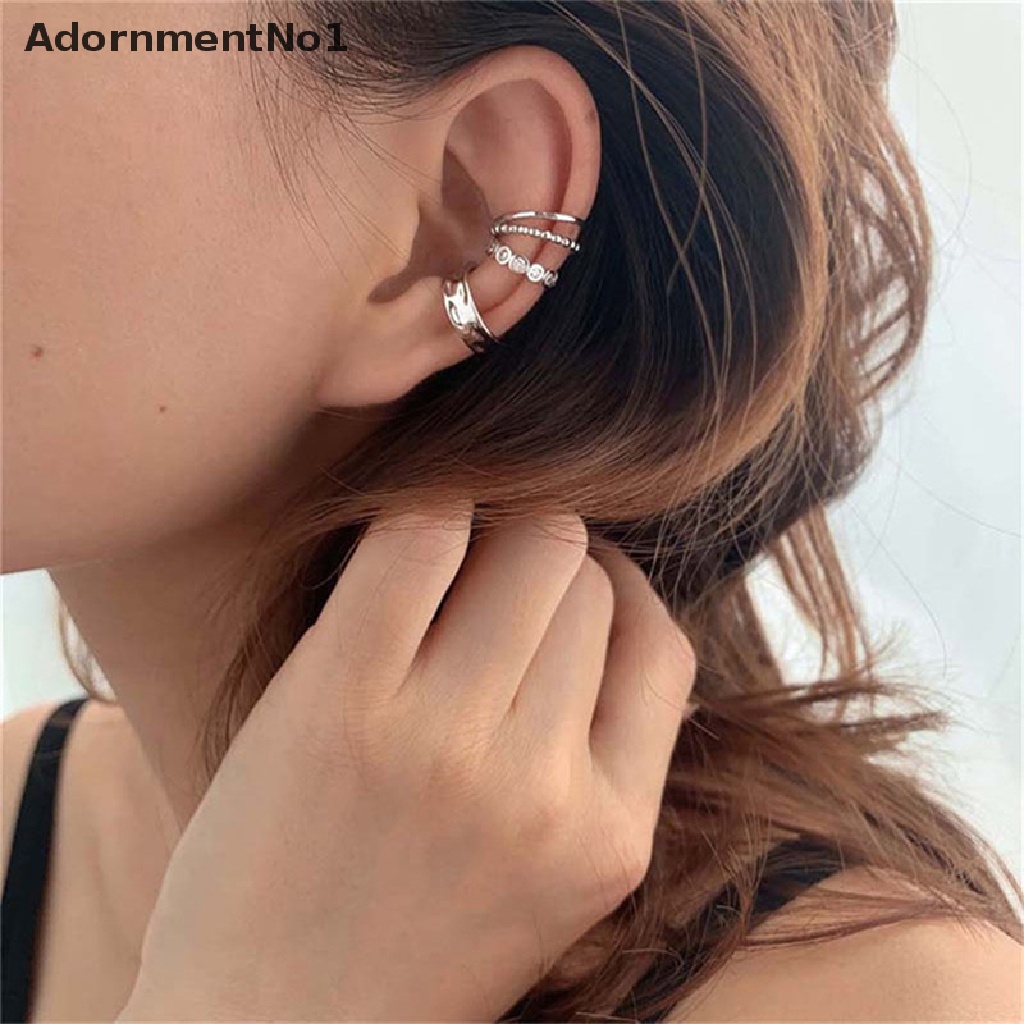 (AdornmentNo1) 3pcs / set Anting Klip / Jepit Bahan Sterling Silver 925 Desain Geometri Hias Zircon Untuk Wanita