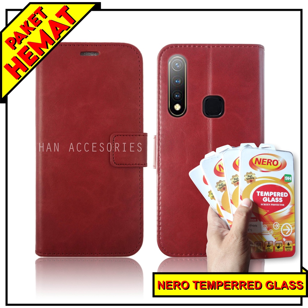 (PAKET HEMAT) Fashion Selular Flip Leather Case VIVO Y12/Y15/Y17/Y19/Y20/Y20i/Y30/Y50/Y51 Flip Cover Wallet Case Flip Case + Nero Temperred Glass