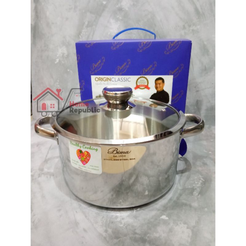 Panci Bima Origin Classic Saucepot 24cm B2001224 Sus304 1ply Stainless Tutup Kaca Panci Stainless