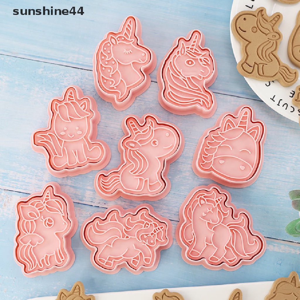 Sunshine 8pcs / set Cetakan Biskuit Bentuk Kartun Unicorn 3D Bahan Plastik