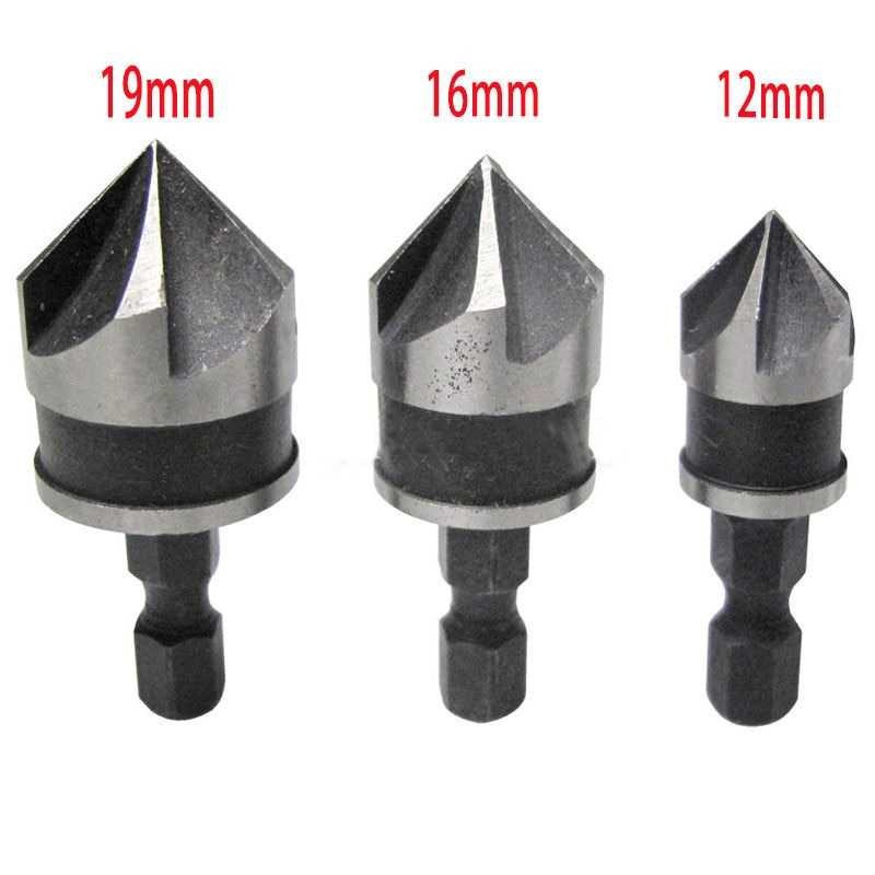Mata Bor Countersink Set 3pcs Carbon Steel HSS Black Grey 12-16-19mm Hitam Silver Countershink Drill