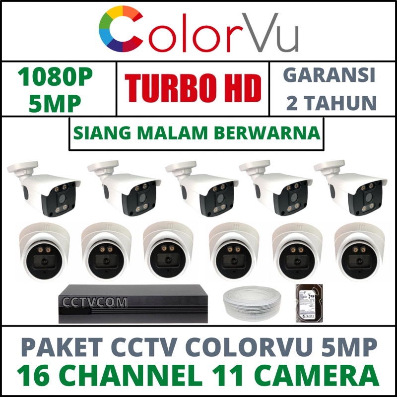 PAKET CCTV COLORVU SIANG MALAM BERWARNA 16 CHANNEL 11 CAMERA 5MP IC SONY 1080P KOMPLIT TINGGALPASANG