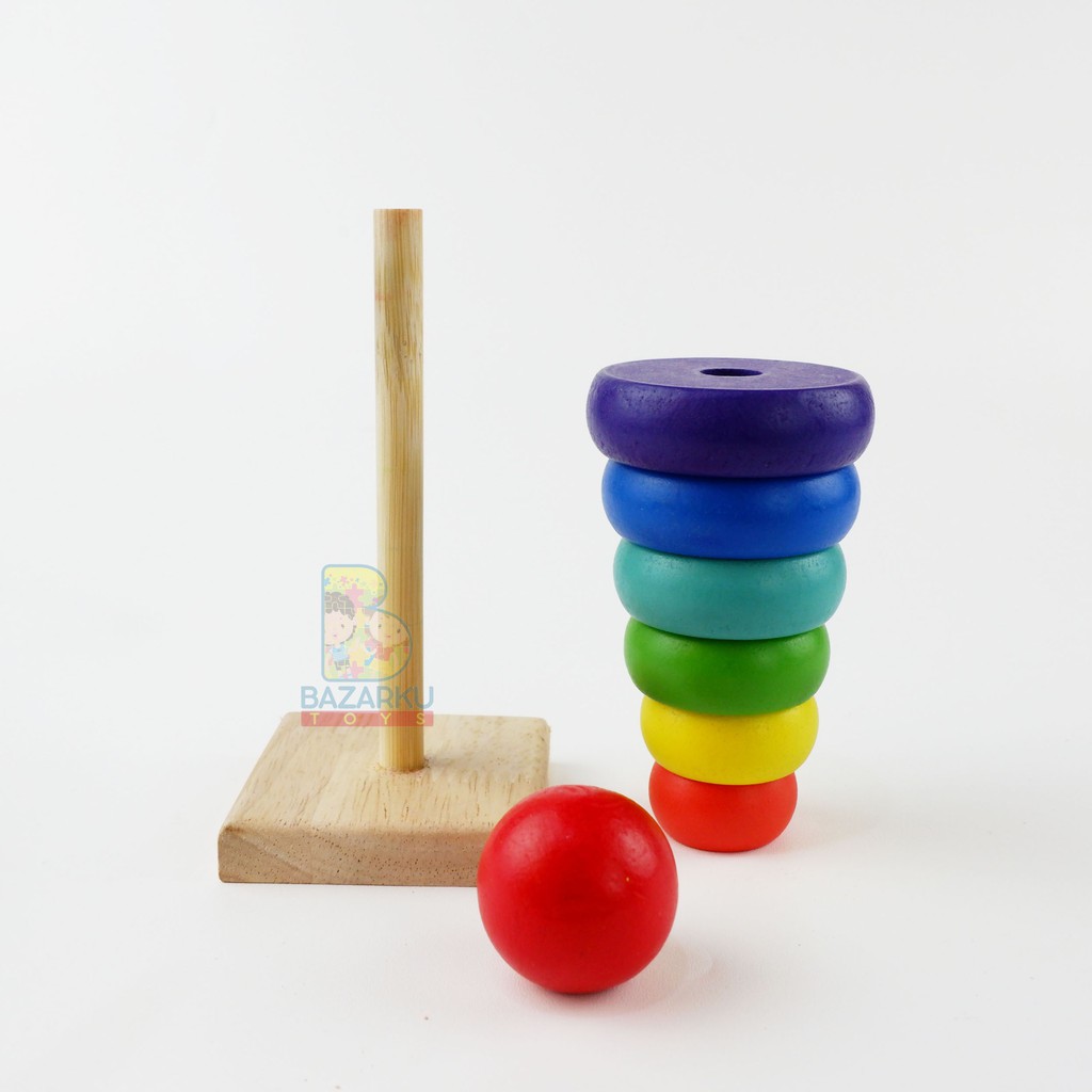 Balok Susun Anak Rainbow Tower Toys Balok Susun Montessori Toys Mainan Kayu Mainan Balita Mainan Balok Kayu Wooden Toys Donat Susun Pelangi 206-25