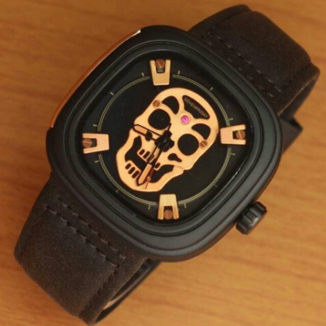 Jam tangan pria seven friday skull leather dark brown
