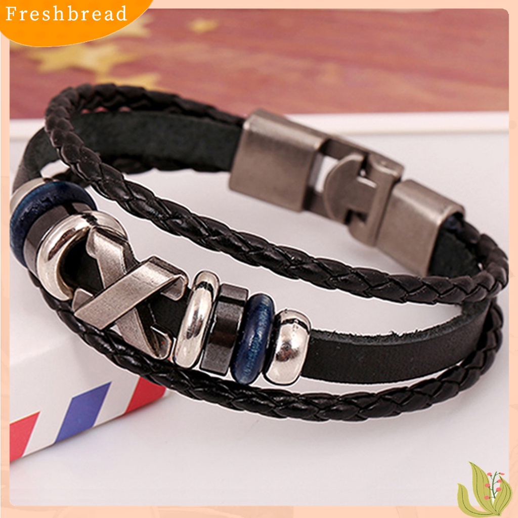 [TERLARIS]Unisex Retro Punk Flower Beads Faux Leather Braided Multilayer Bracelet Bangle for Daily Wear