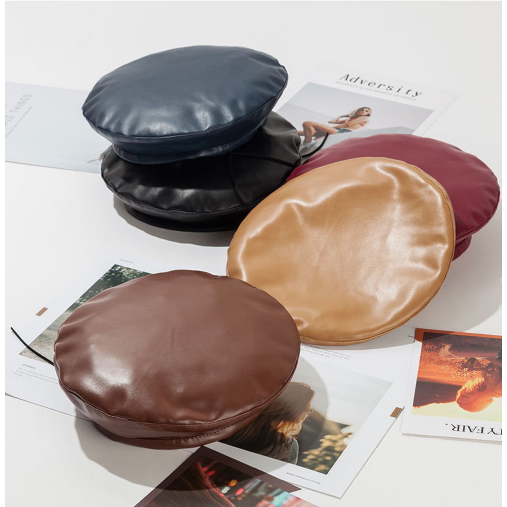 BEKP topi beret baret topi mangaka komikus kulit imitasu pu leather korea wol winter musim dingin