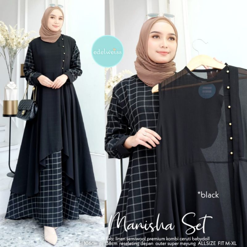 SETELAN GAMIS LINEN MOTIF KOTAK-KOTAK+ OUTER CERUTI BABYDOLL MANISHA SET BY EDELWEISS