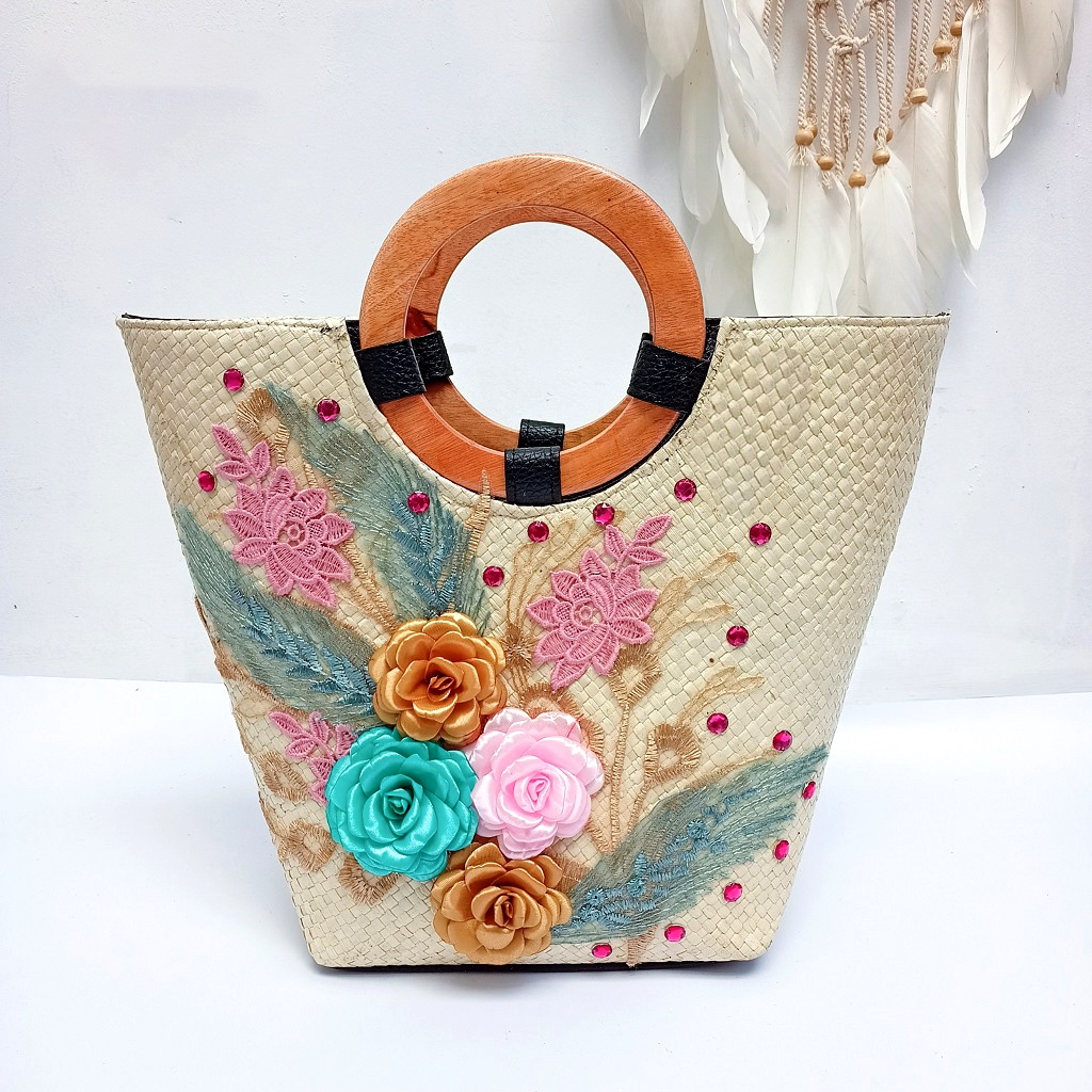 Putra Sukapura Handycraft Tas Jinjing Anyaman Brokat Cantik Wanita GG Kayu