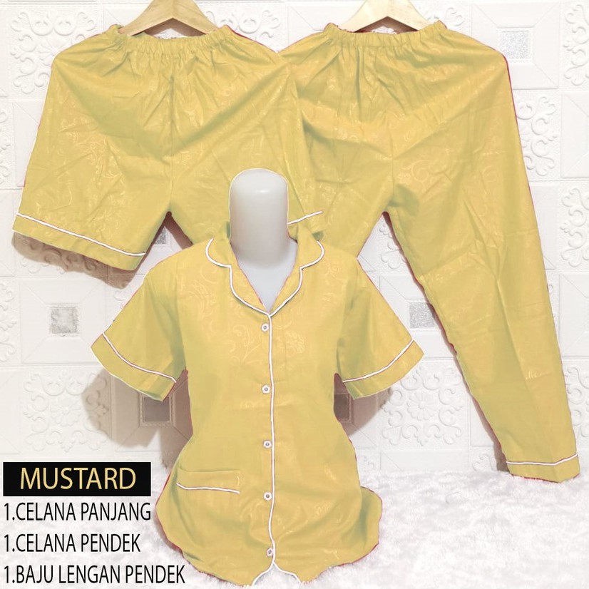 ISANNY PIYAMA SET 3IN1 SIZE XXL/SATIN EMBOSS 3IN1 JUMBO/BAJU TIDUR DEWASA/READY STOCK-MUSTARD