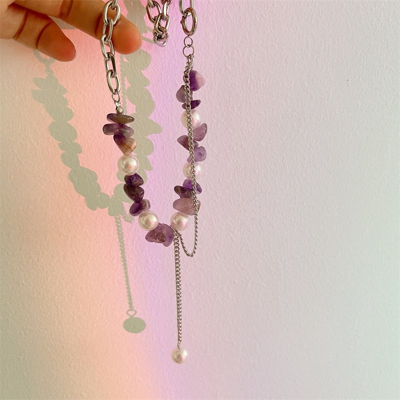 Irregular Purple Crystal Stone Necklace Accessories Titanium Steel Spliced Pearl Clavicle Chain Simple Personality