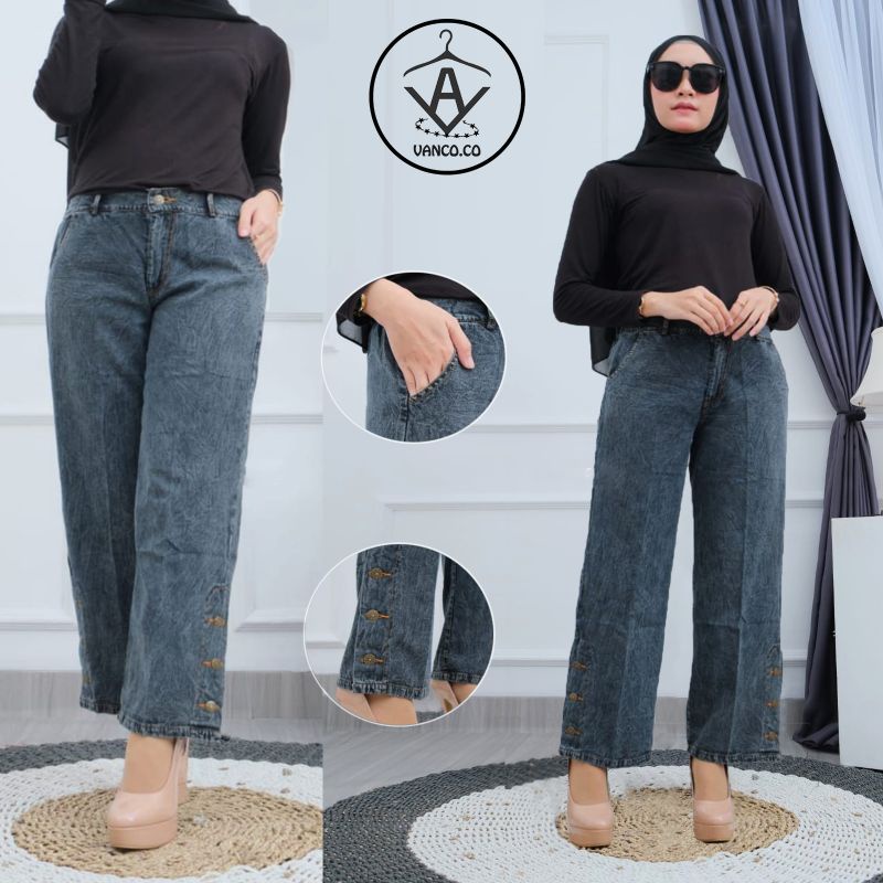 Celana Kulot Jeans Kancing Bawah Premium Celana Boyfriend Kancing Bawah Wanita Celana Jeans Panjang 