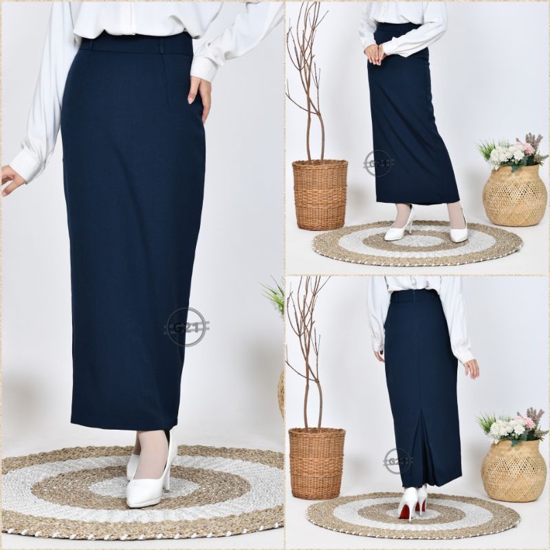 Rok Kerja Kantor Hitam Panjang Span Wanita Bahan Dasar Formal Ukuran Standar dan Jumbo Rok Skirt Hitam Span Panjang Kantor Formal Wanita Model Biron Belah Belakang Tertutup 01-Navy