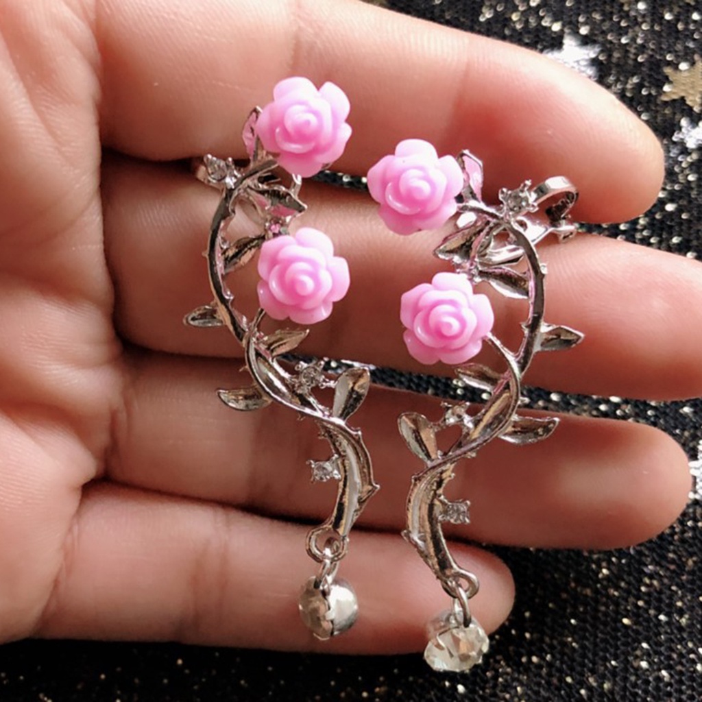 Hu Hu Hu Hu Hu Alat Bantu Pasang Kacamata♡ 1 Pasang Anting Klip Bentuk Bunga Mawar Aksen Berlian Imitasi Untuk Wanita