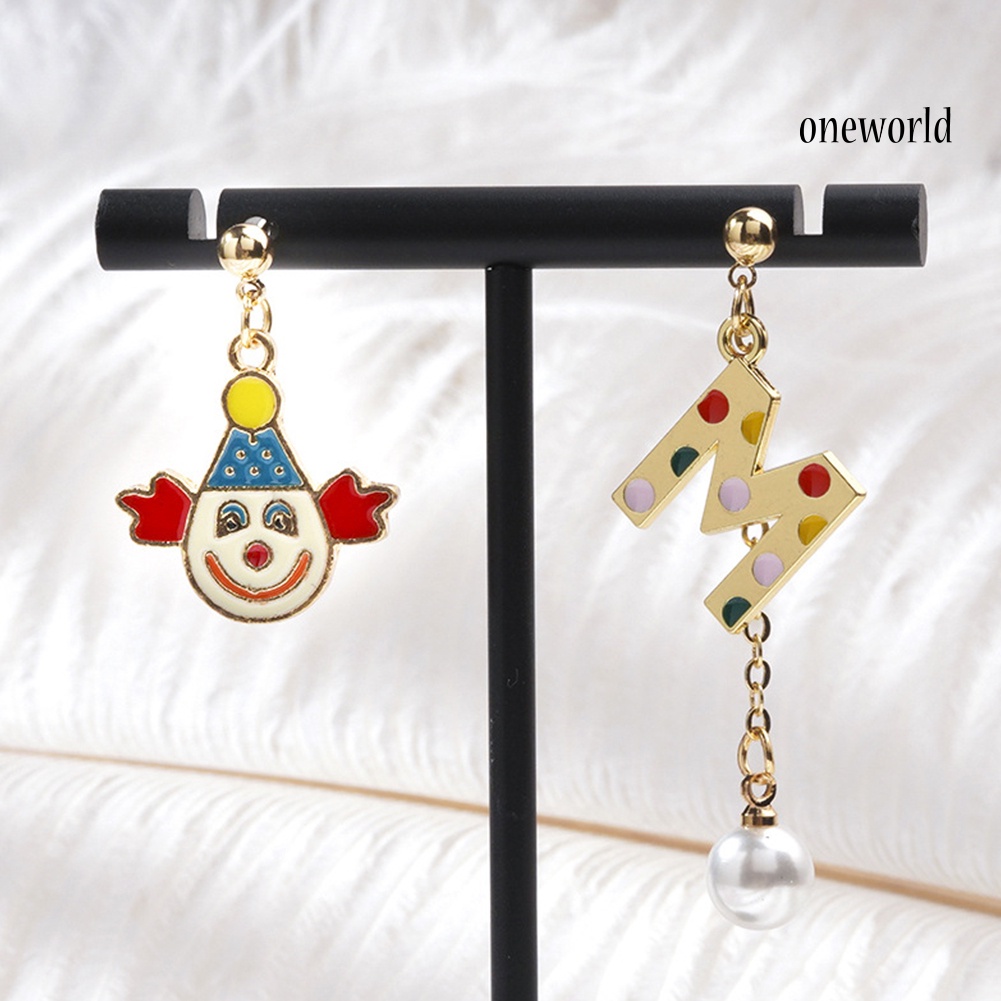 OW# Women Fashion Asymmetry Clown Colorful Letters Eardrop Dangle Ear Stud Earrings