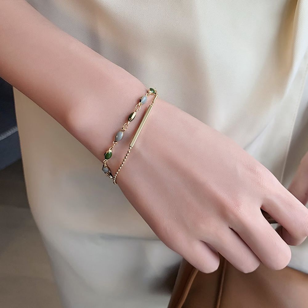 Needway  Simple Female Hand Chain Retro Korean Style Bracelets Gem Bracelets French Punk Personality Beads Adjustable Alloy Double-layer Bracelets/Multicolor