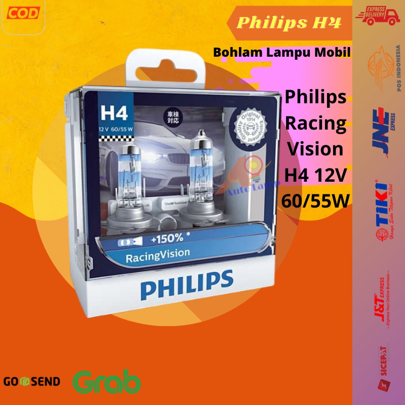 Bohlam Lampu Mobil Philips Racing Vision H4 12W 60/55W 1Set Isi 2pcs Original Cahaya Terang