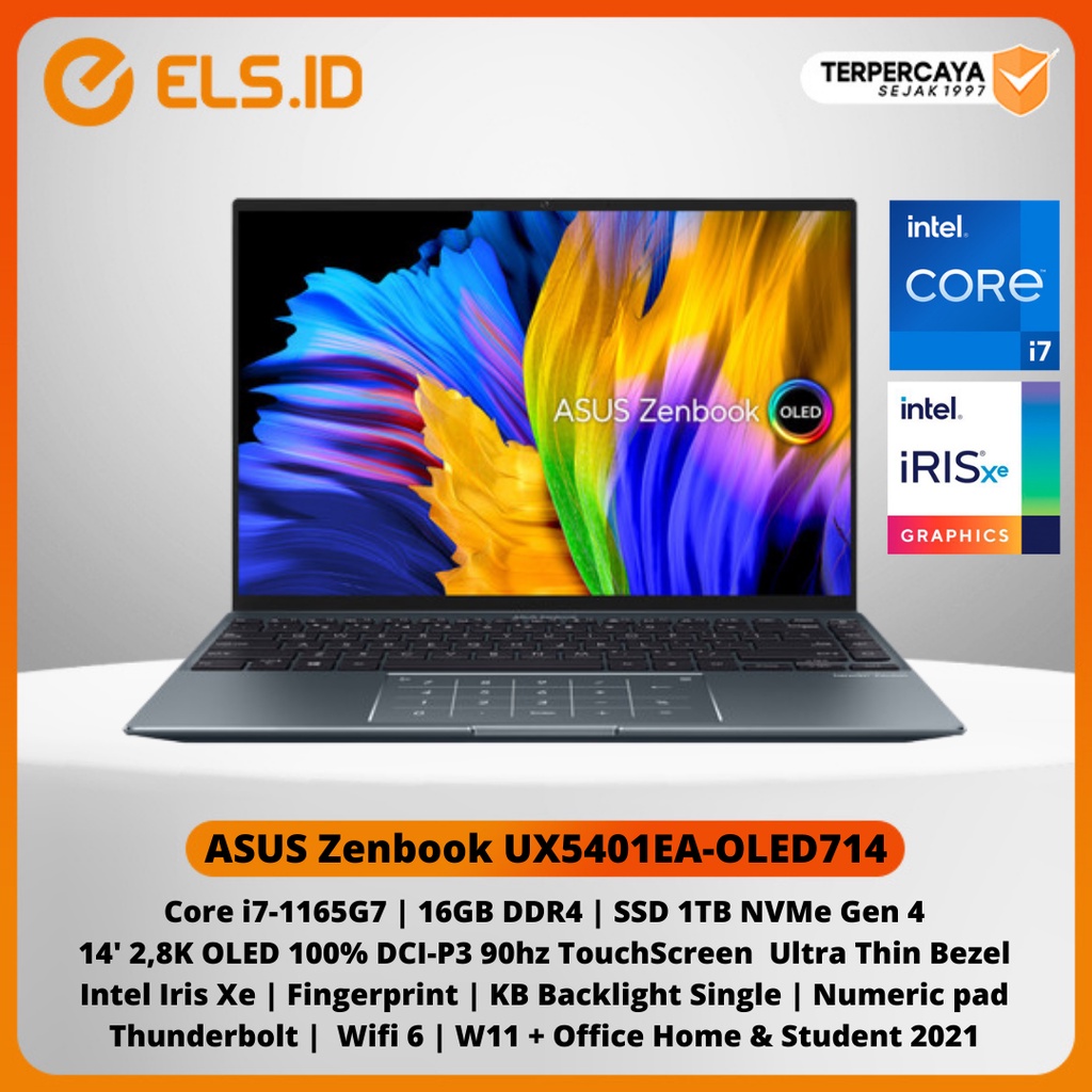 Laptop Asus Zenbook UX5401EA-OLED714 Intel Core i7-1165G7 16GB 1TB 14' 2,8K OLED 100% DCI-P3 TouchScreen W11 OHS