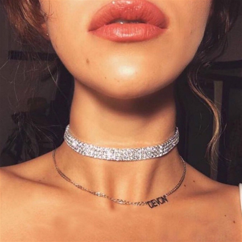Kalung Choker Rantai Klavikula Pendek Multi layer Full Berlian Imitasi Element Untuk Wanita Klub Malam