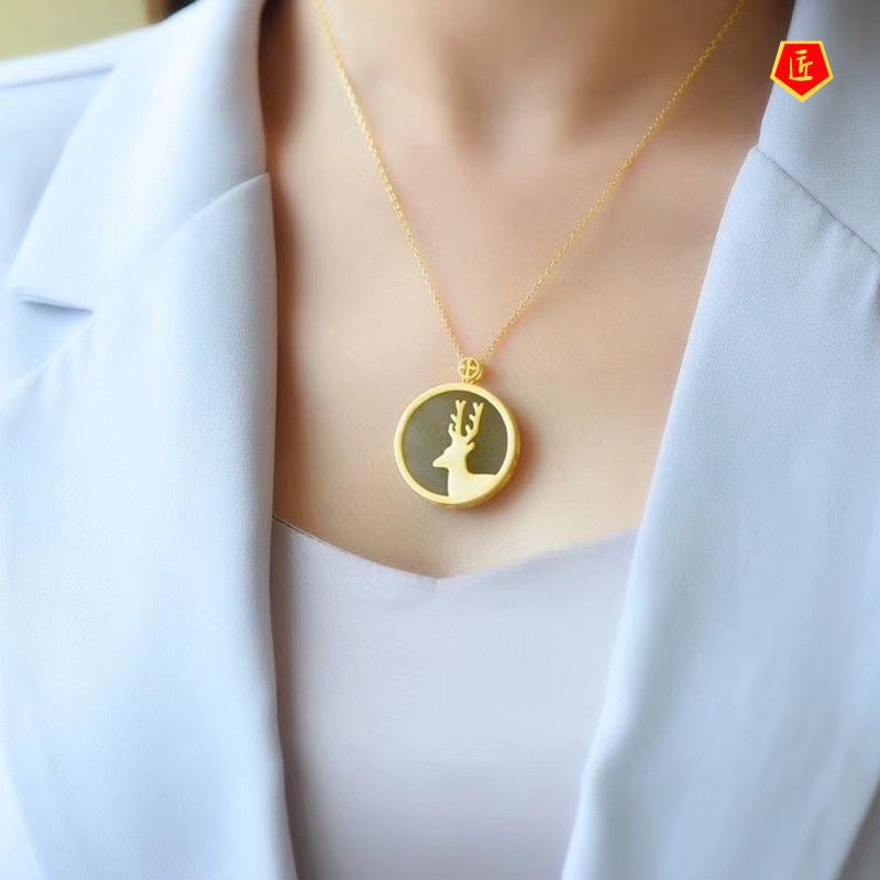 [Ready Stock]925 Silver Inlaid Hetian Jade round Plate Pendant Fashion Simple Gift