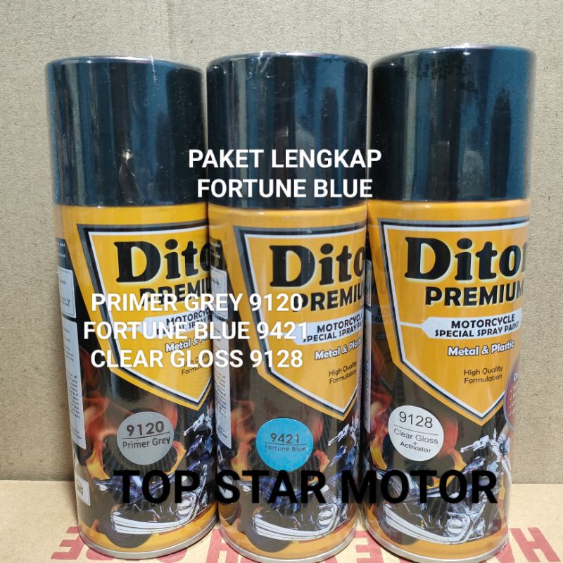 Pilok Paket Lengkap Cat Diton Premium Primer Grey 9120 Fortune Blue 9421 Clear Gloss 9128 400cc.. Pilok Paketan Fortune Blue Cat Semprot Diton Premium 400cc