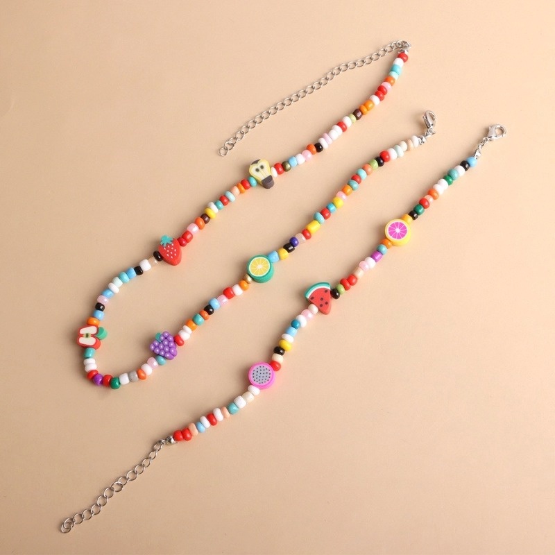 Ins Sweet Fruit Rice Bead Necklace Watermelon Grapefruit Apple Necklace Women's Bracelet Set Pendant