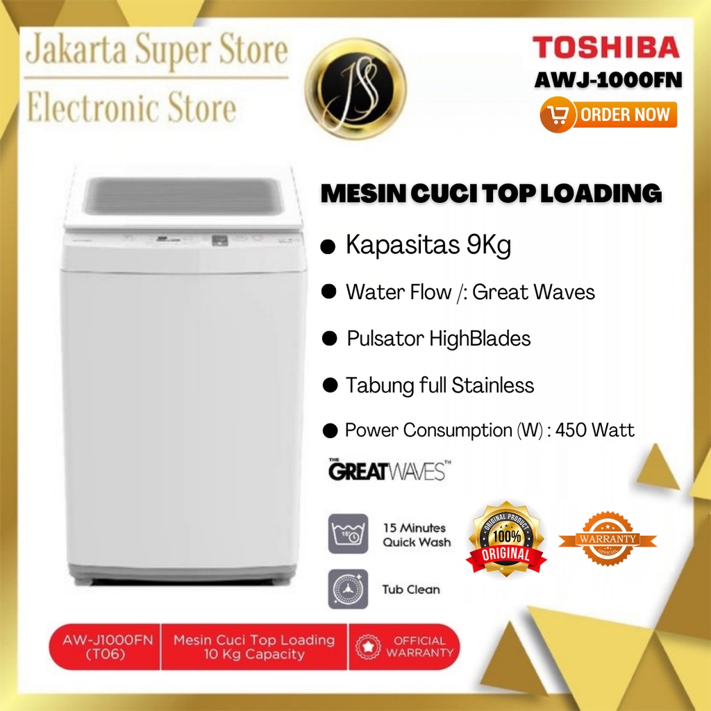 TOSHIBA MESIN CUCI 1 TABUNG 9KG AW-J1000 FN / AWJ 1000 FN
