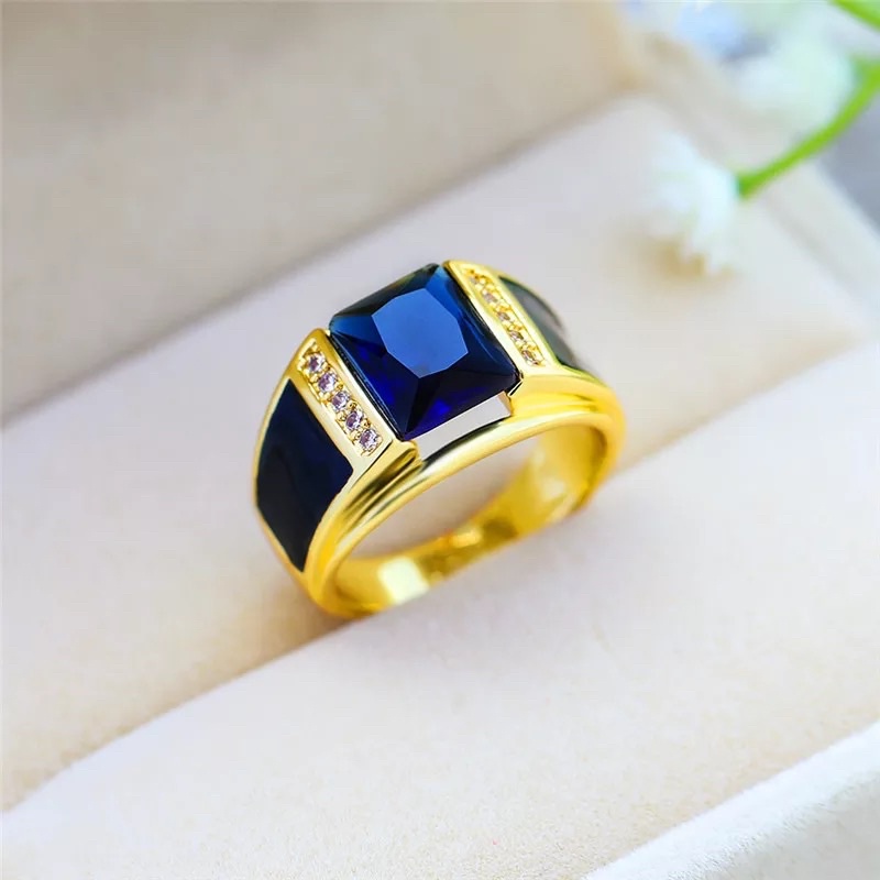 Cincin Pria Biru Safir Blue Saphire Cubic Zirconia Berbahan Ring Gold Filled (Terpadu) High Quality