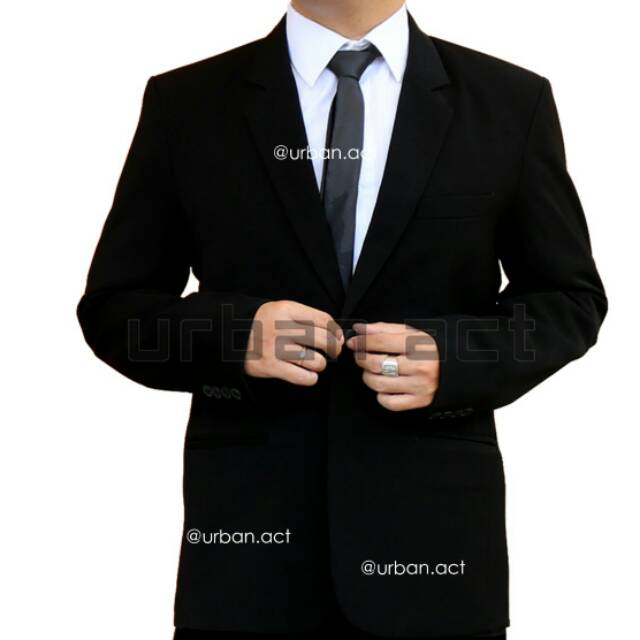 Jas formal pria single button slim fit kancing 1 bahan tekno wool jetblack hitam pekat urban act