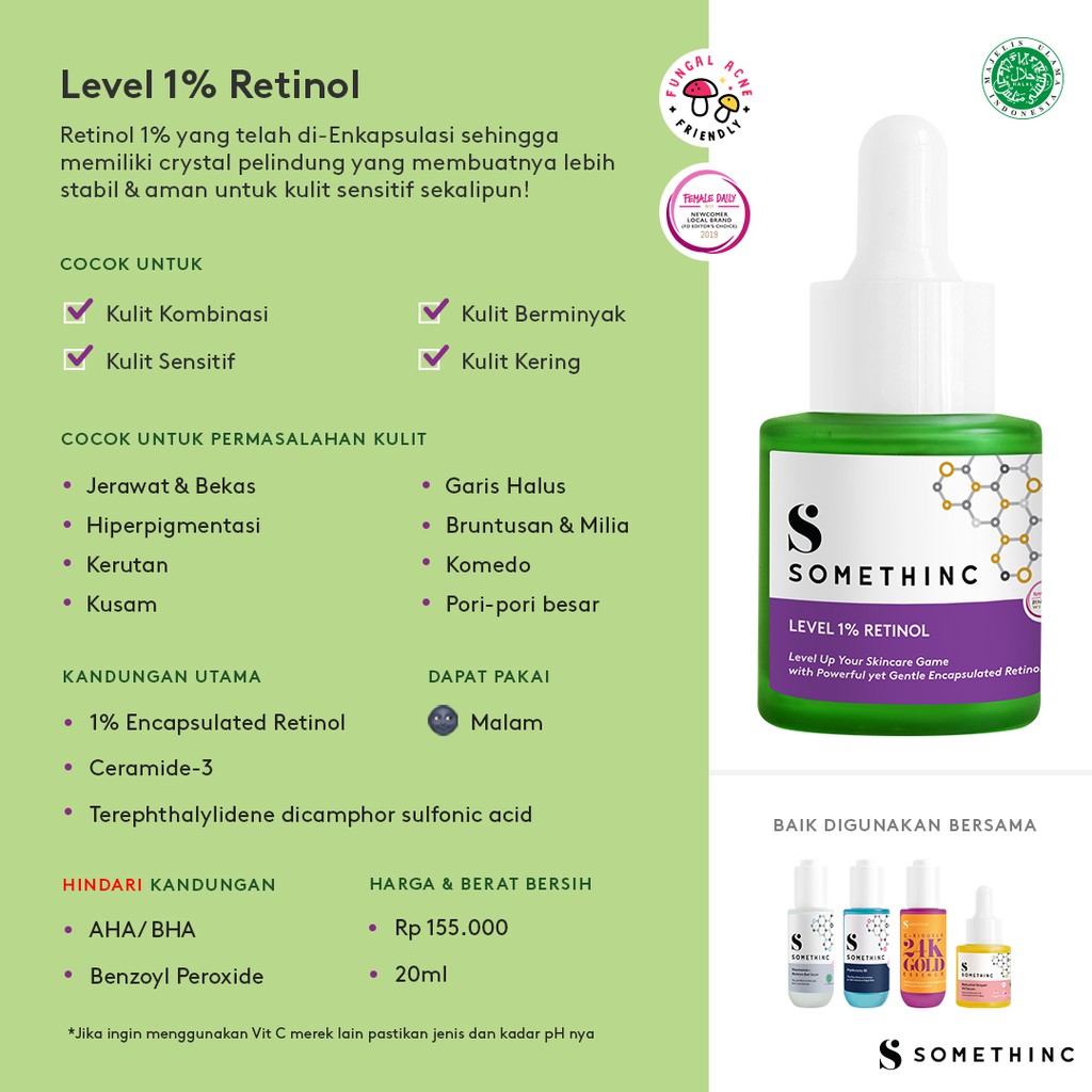 Somethinc Level 1% Retinol Penghilang Jerawat Komedo Kerutan Bruntusan Bekas Luka Wajah