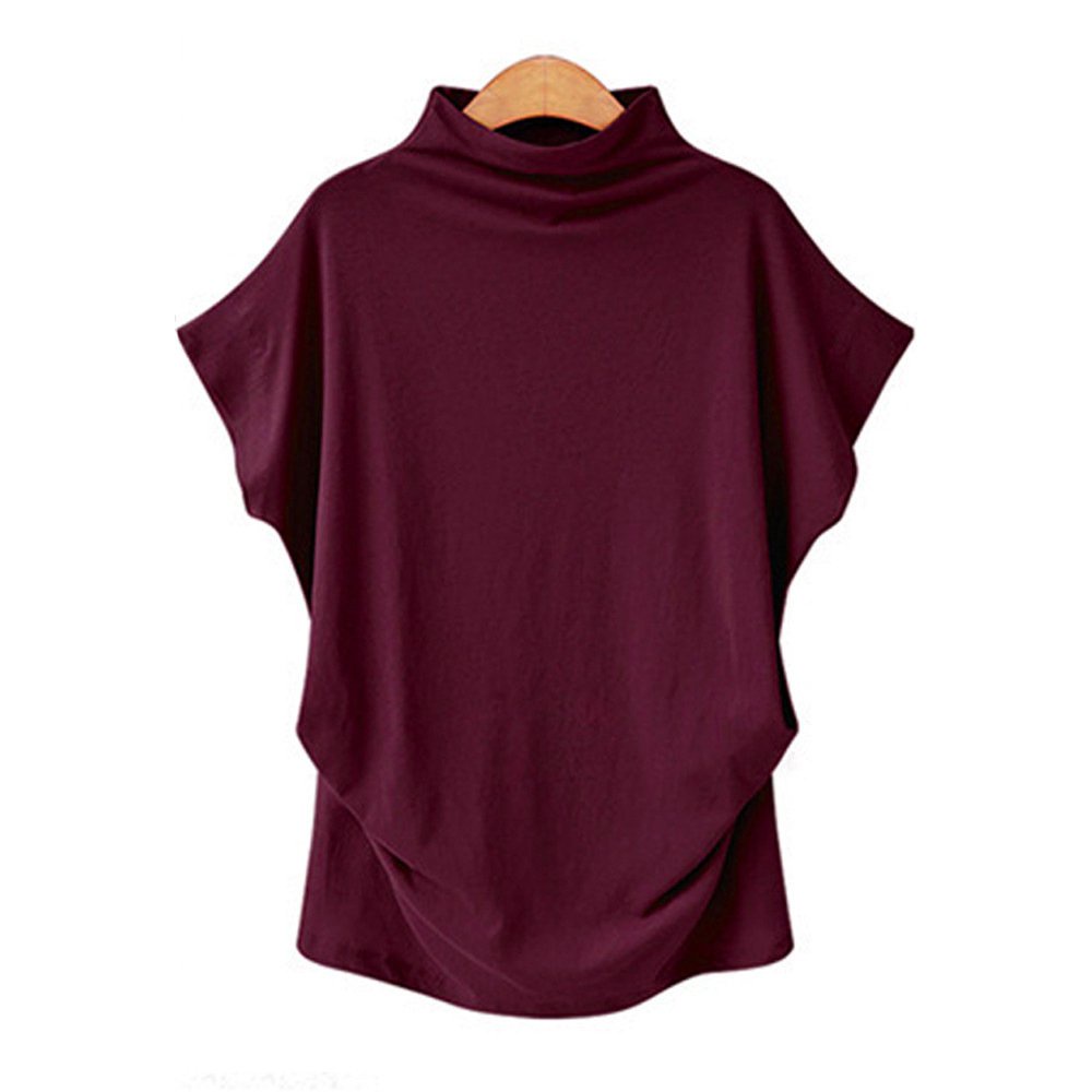 #Sisjuly# Wanita Mid Length Casual Casual Musim Panas Wanita Leher Tinggi Top Bat Sleeve Short Sleev
