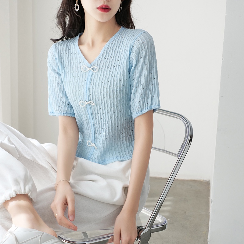 【Elegant】Soft Knitted Solid Faux Pearl Decor V-Neck  T-Shirt  7378