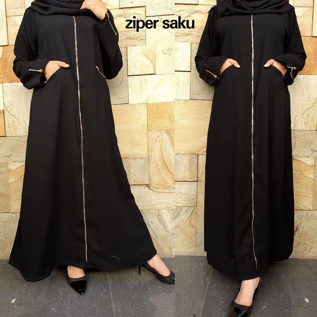 Abaya Polos Zipper Saku Jetblack Busui Gamis Hitam Arab Zipper Saku Resleting Depan Simpel Kasual El