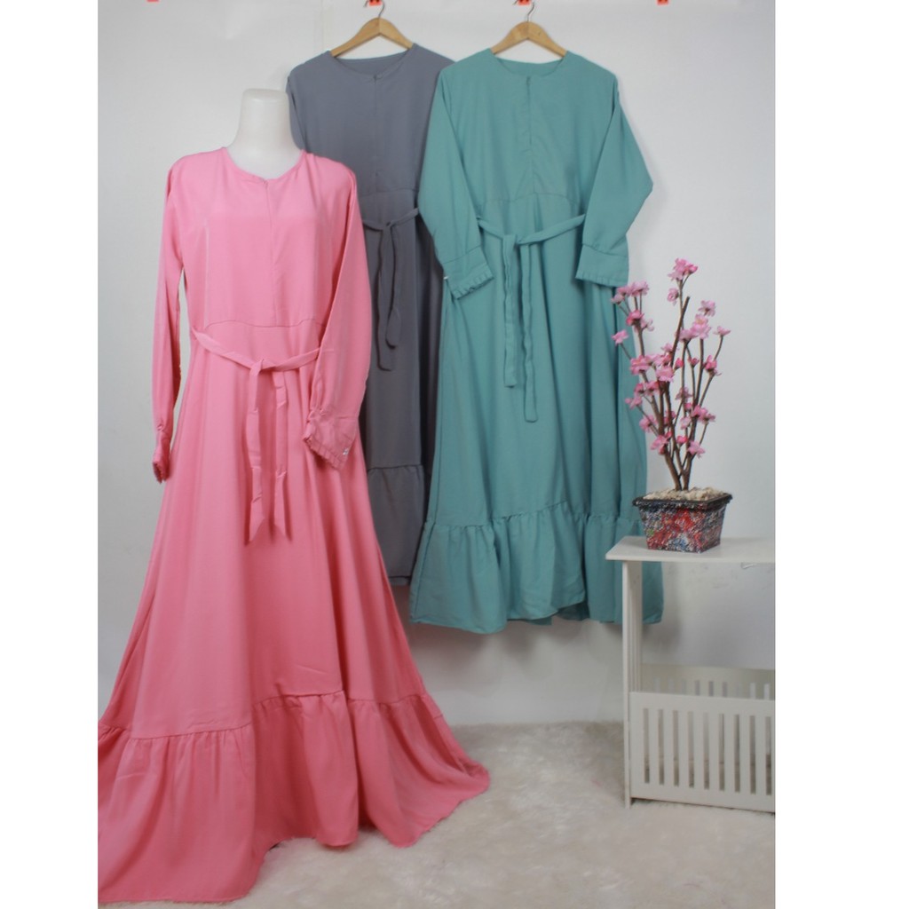 Gamis wolfis serut bawah MI syari dress umbrella polos woolpeach casual simple