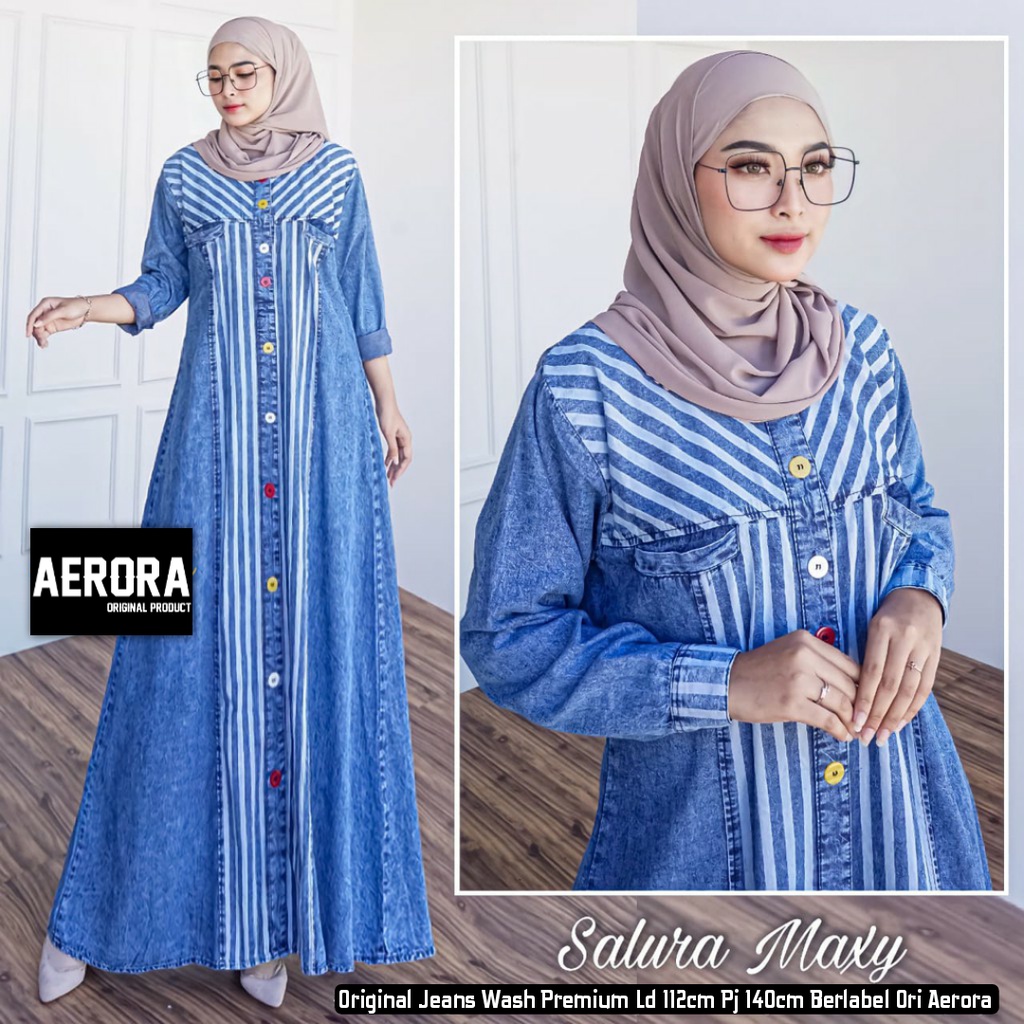 Baju Gamis Dewasa Jeans Jins Denim Jumbo Wanita Terbaru 2023 Modern Busui Kombinasi Salur Premium Kekinian Ld 114 P 137 Kenny Maxy Allsize