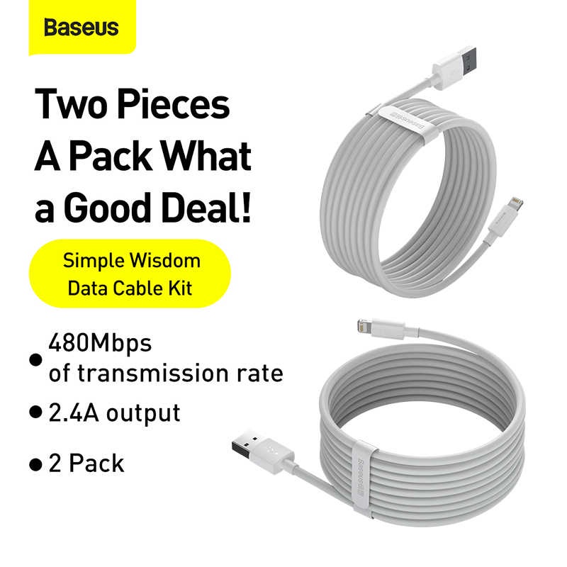 Baseus Simple Wisdom Kabel Charger For USB iPhone 7 8 USB Cable Data 2.4A 2PCS
