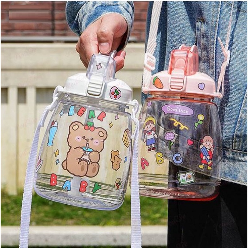 H487-2 Botol Minum Anak 1300ml Big Belly Cup Handle Children''s Cup Bottle + DIY Sticker dan Tali Kapasitas Besar