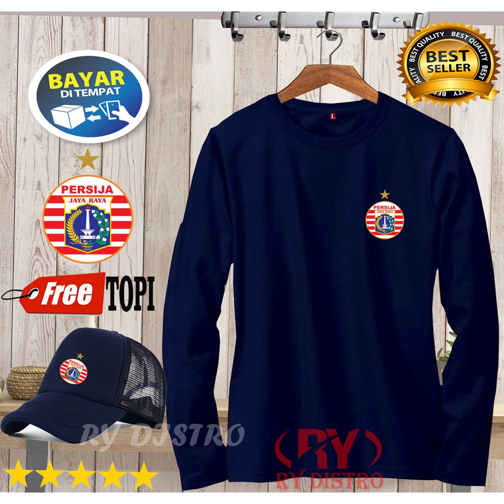 PROMO BUNUS TOPI ... Kaos Lengan Panjang Logo Persija +Topi / Kaos Pria / Kaos Polos