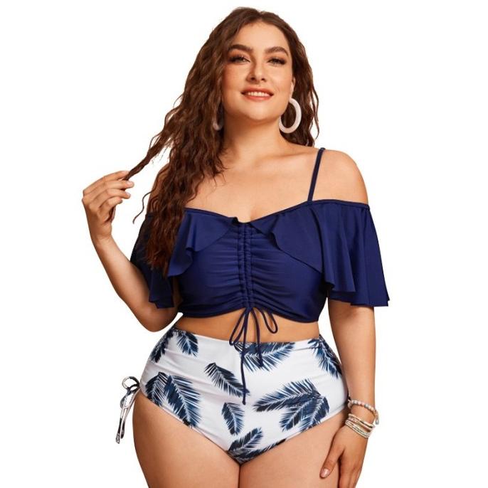 BIKINI BIKINI HIGH WAIST IMPORT OFF SHOULDER NAVY PUTIH DAUN JUMBO BIG SIZE BIKINI BEACHWEAR WANITA