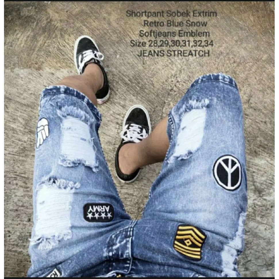 PROMOO CELANA PENDEK JEANS SOBEK BORDIR LOGO EMBLEM RIPPED PRIA SKINNY STRECHT MELAR DISTRO ORIGINAL