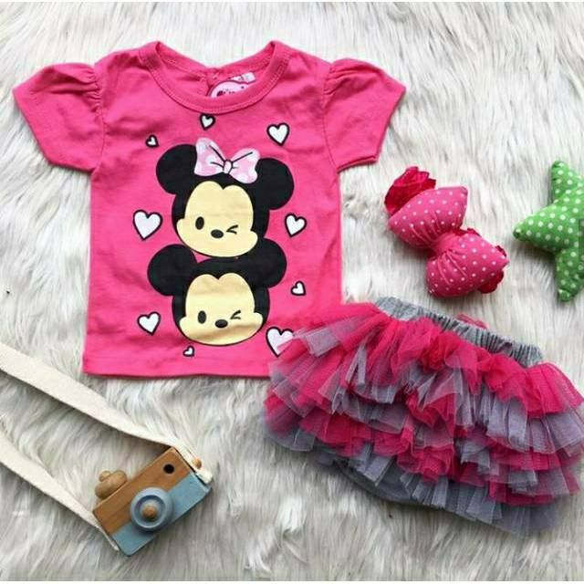 Baju setelan kaos rok bandana motif tsum2 bestseller fashion anak bayi cewek perempuan murah -tsu