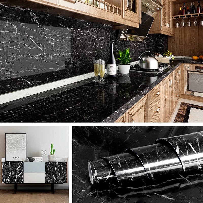 Wall Stiker Dinding Dapur Anti Minyak / Api Wallpaper Sticker Alumunium Foil Dekorasi Dapur Glossy Marmer Hitam