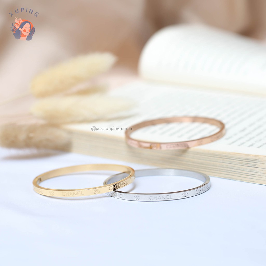 CHANEL GELANG TITANIUM PERMATA PERHIASAN PREMIUM QUALITY POLOS SET 3 STAINLESS STEEL