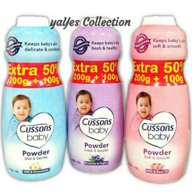 Cussons baby powder 300g = 200g + 100g extra soft fresh pink biru ungu kuning bedak serbuk tabur bayi